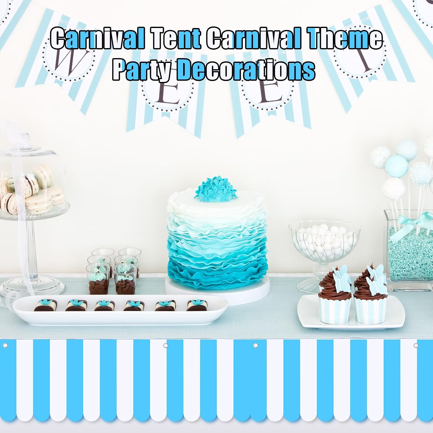 Preboun 3 Pcs Circus Awning Decor Carnival Party Tent,Blue and White image 5