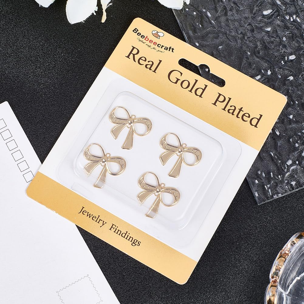 Beebeecraft 20Pcs 2 Colors Bow Charms for Jewelry Making, 24K Gold & Platinum Plated Metal Bowknot Connector Charm Links