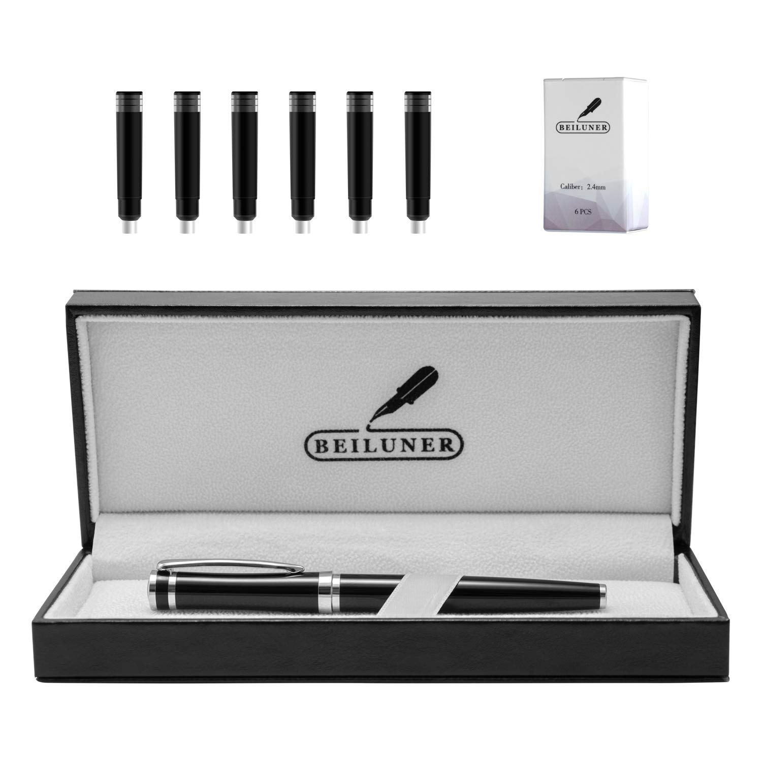 BEILUNER Ensemble de stylo-plume de luxe – Corps en acier inoxydable – Pointe moyenne en iridium Allemagne – Comprend 6 cartouches d'encre et convertisseur de recharge d'encre – Étui cadeau – Parfait