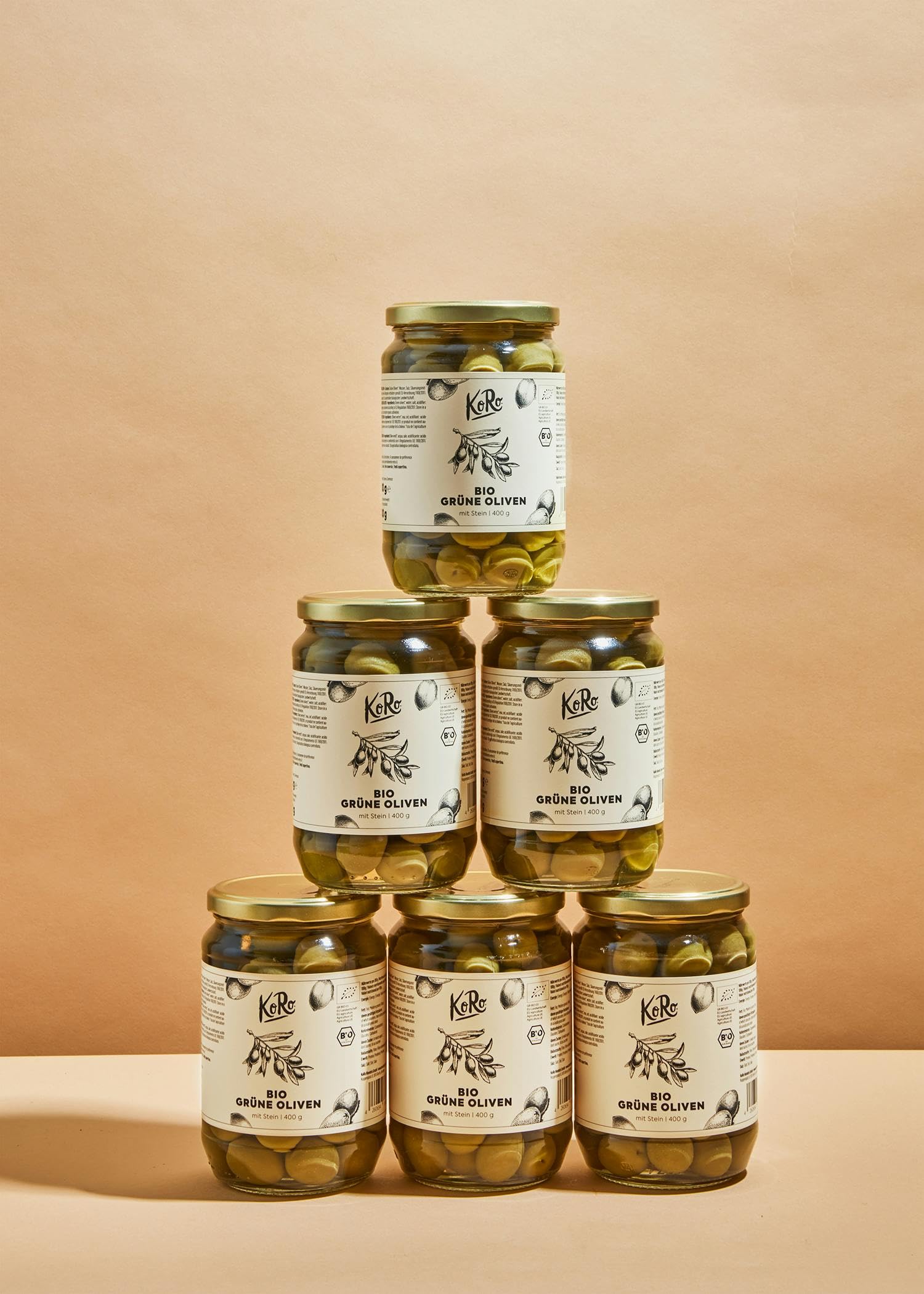 KoRo - Olives vertes Bio avec noyau 6 x 400 g - Sans conservateurs - Goût piquant intense - Grand format