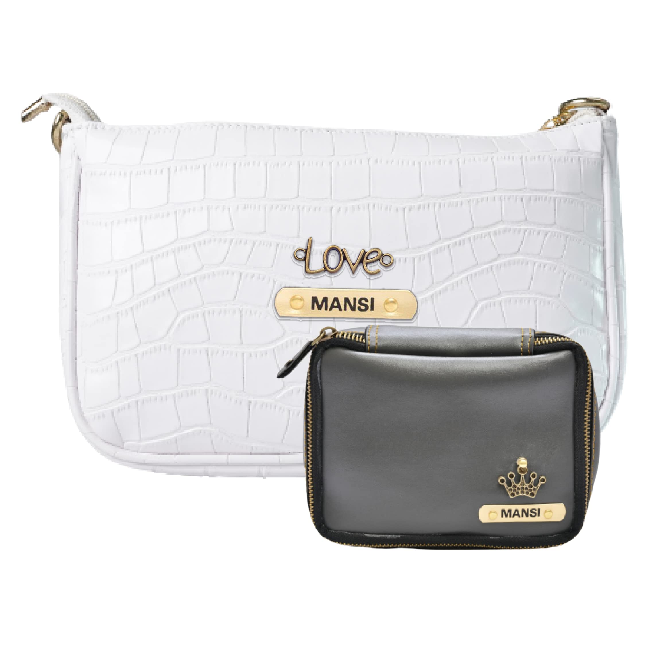 Your Gift Studio Customized Women's Croc Sling Bag + Mini Make up kit - Makeup Kit for Women (White Grey)