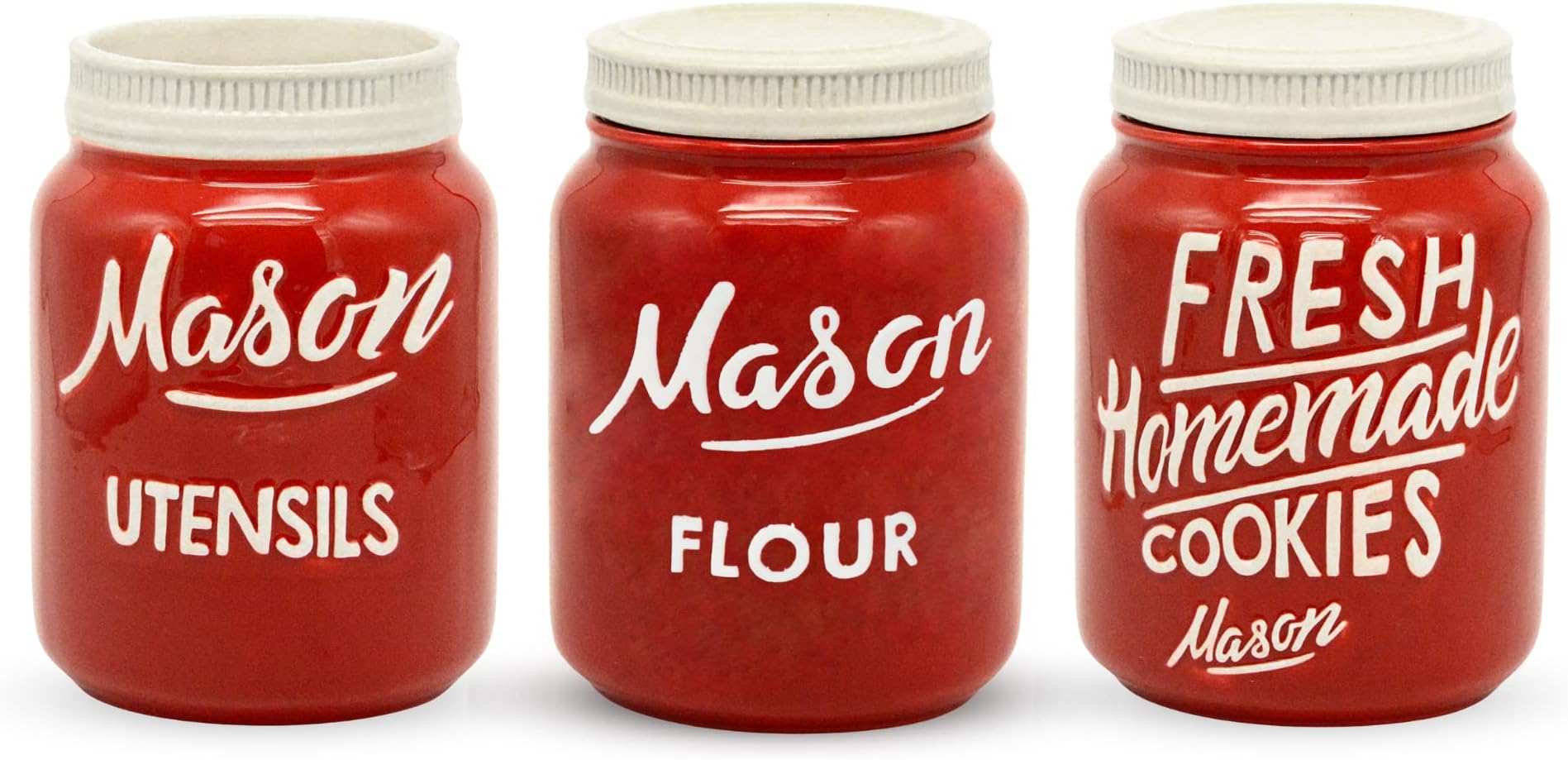 Goodscious Red 3PC Kitchenware Set Jar: Utensil Crock, Cookie Jar and Flour Jar