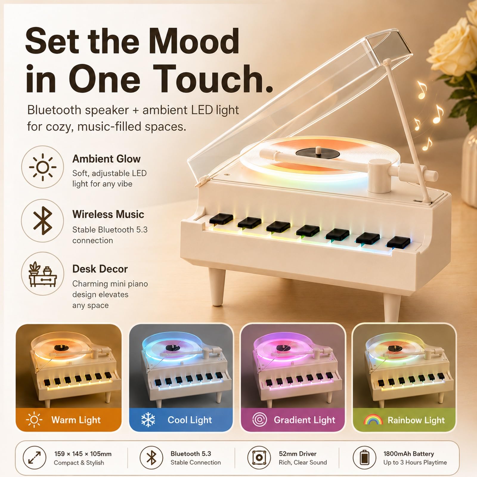 Carillon rotante 4 in 1 con altoparlante Bluetooth, luce notturna a LED, diffusore di aromi, decorazione di lusso per la casa, souvenir per gli amanti della musica
