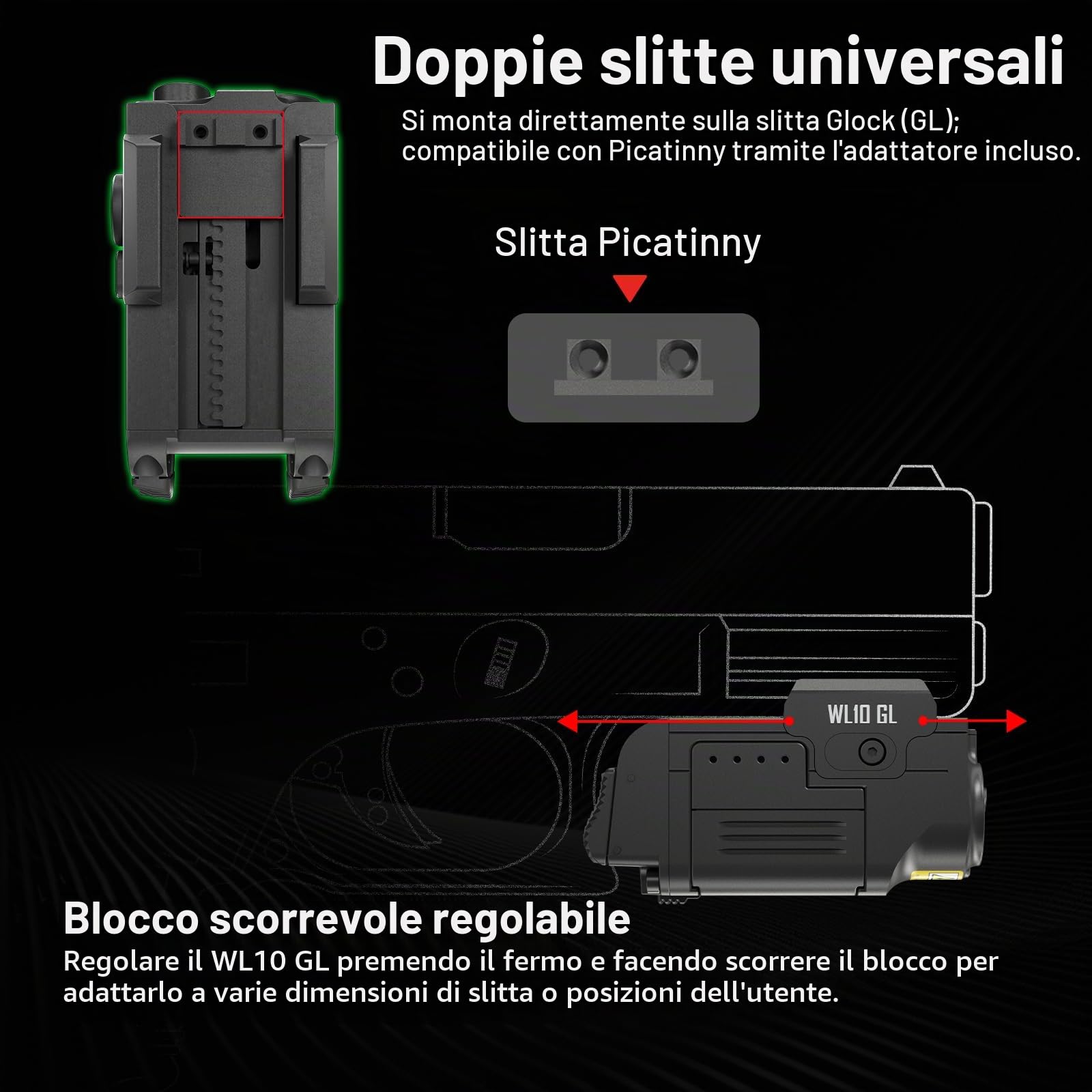 AIMWIN WL10 GL Torcia LED 900 Lumen con Laser Verde – Luce LED con Montaggio Rapido Ricaricabile Magnetica per Slitte Standard 1913 e GL Rail