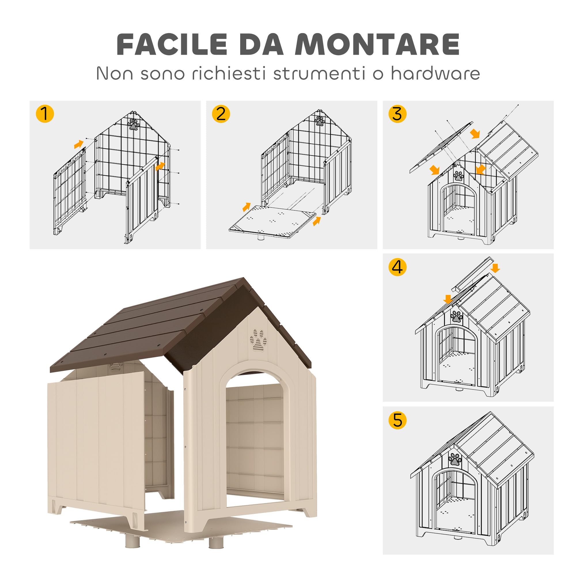 PawHut Cuccia per Cani da Esterno, Taglia Media Grande, Casetta per Cani in Plastica Impermeabile con Base Rialzata, Finestre e Tetto Spiovente per Giardino, Patio, Terrazza, Casa, 88x78x89 cm, Beige