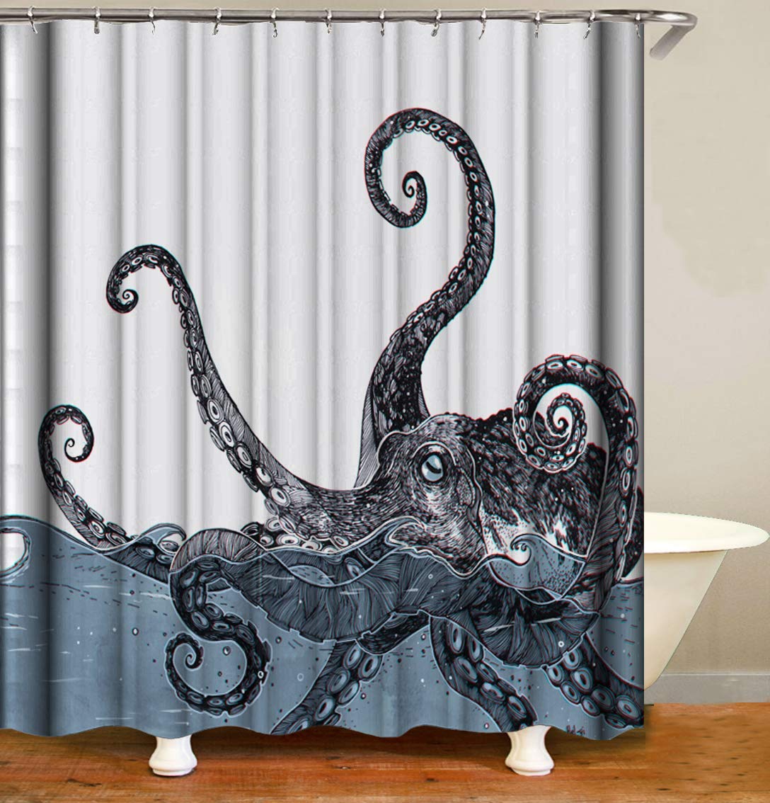 Joocar C20 Design Shower Curtain, Octopus Decor,Vintage Marine Kraken Sea Monster Tentacle Ocean, Waterproof Cloth Fabric Bathroom Decor Set With Hooks