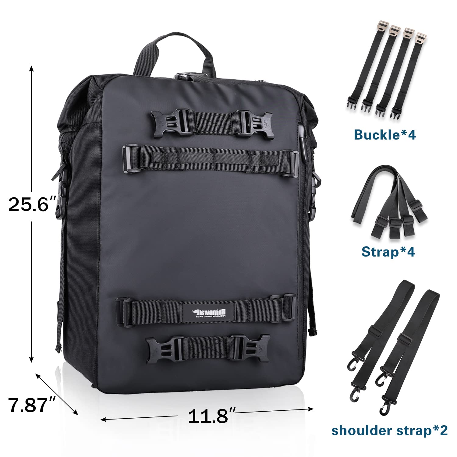 Rhinowalk Borsa da sella per moto, 30 l, nera, impermeabile, combinabile, zaino