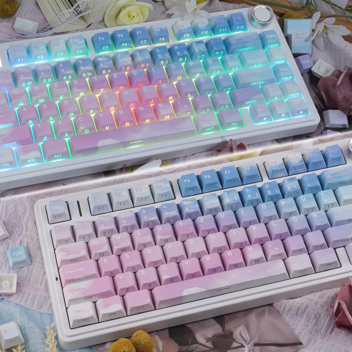 PBT German ISO Keycaps, 135 touches dégradé bleu rose double shot Dye-Sub Cherry Profile Side Printed Shine Through Keycap for Cherry MX Switch QWERTZ Layout Mechanical Keyboards