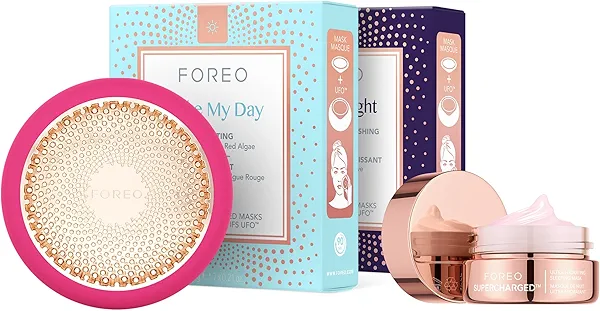 FOREO Hyper Hydra UFO 3 Bundle - Face Moisturiser Device + 14 UFO Activated Masks + Hydrating Night Mask, 0.5 oz - Red Light Treatment, Thermo & Cryo Treatment - Skin Care - Fuchsia
