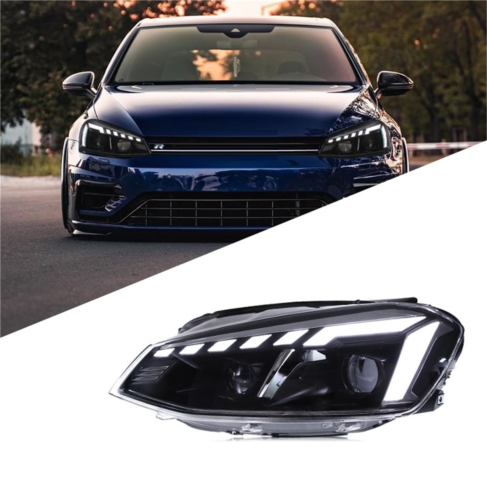 Fari Anteriori per VW Golf 2013-2017 con fendinebbia, luci diurne, luci di Stop e indicatori di direzione. Installazione Semplice (Plug And Play).