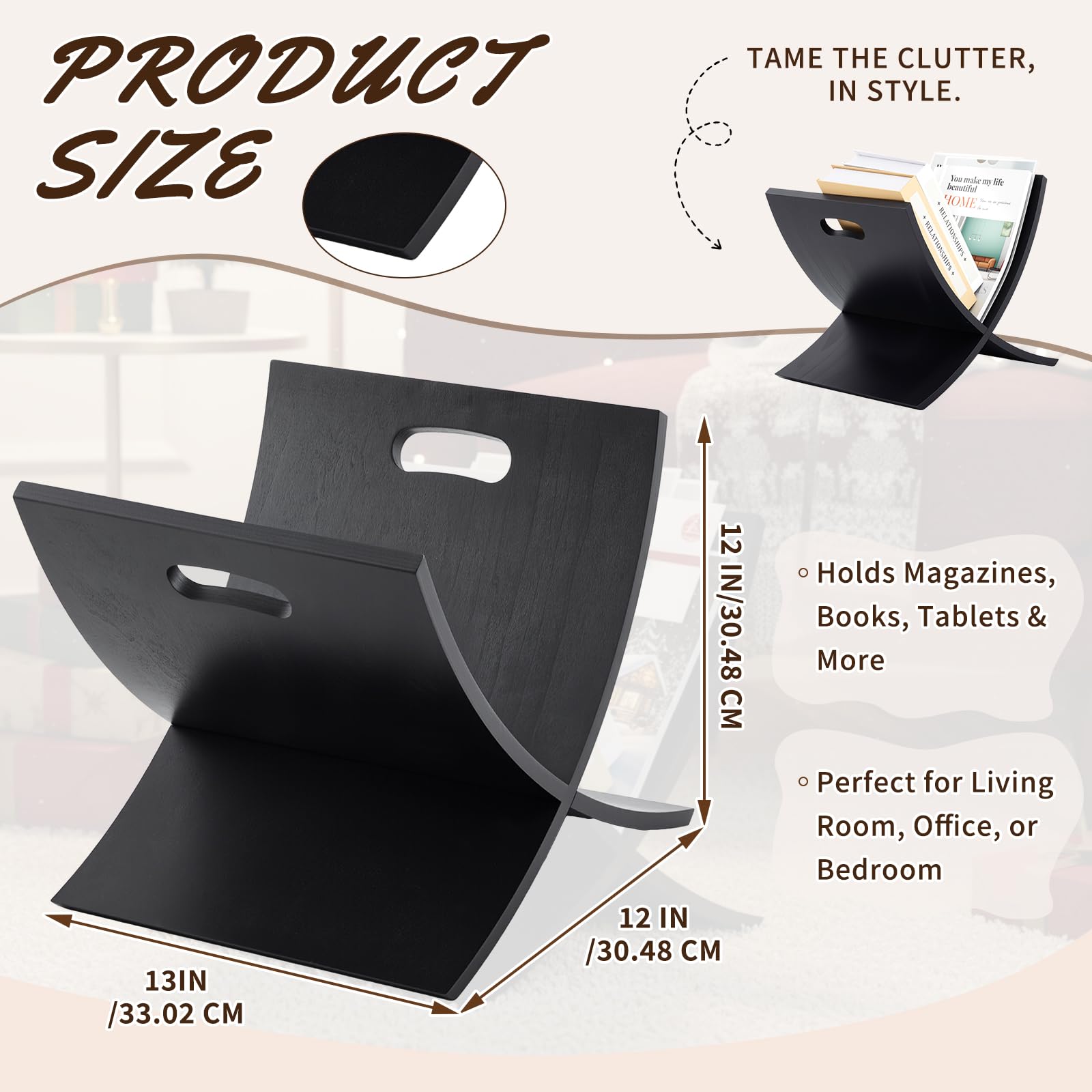 AceOrbit Portariviste verticale in legno nero, autoportante, da pavimento, porta riviste, porta giornali, per casa, bagno, ufficio, camera da letto, soggiorno