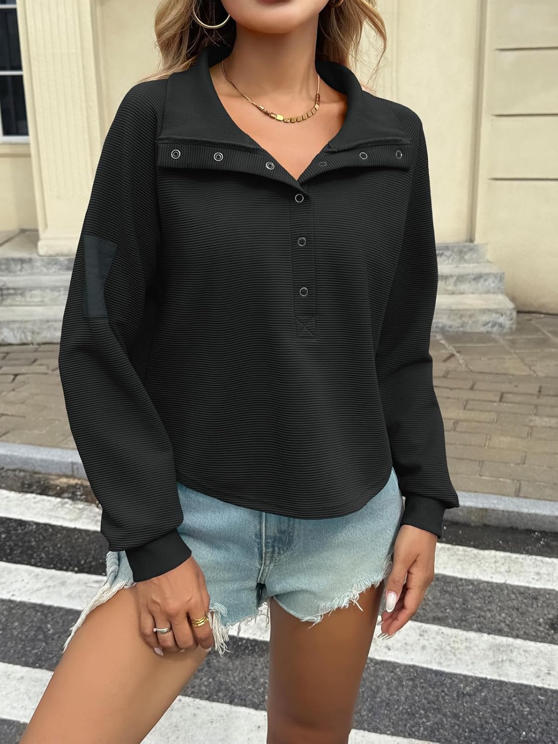 Fisoew Womens Cropped Sweatshirts Casual Henley Neck Snap Button Long Sleeve Ribbed Loose Fit Fall Crop Tops - Image 2