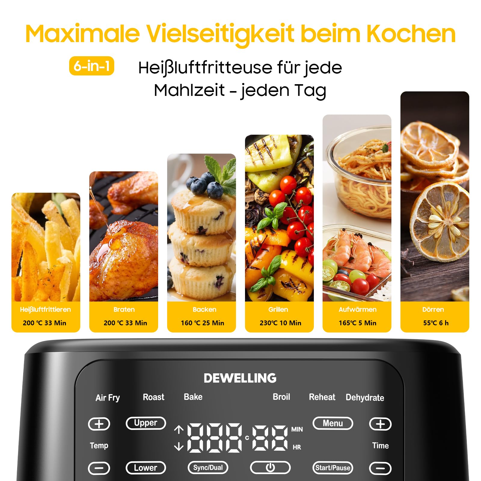 Airfryer 10L Double Stack - 2700W Heißluftfritteuse 2 Kammern, XXL Heissluftfritteuse mit vertikale Doppelkammer, 6-in-1-Funktionen, Max 230°C, PFAS-frei, Spart 50 Prozent Platz, Rezeptbuch