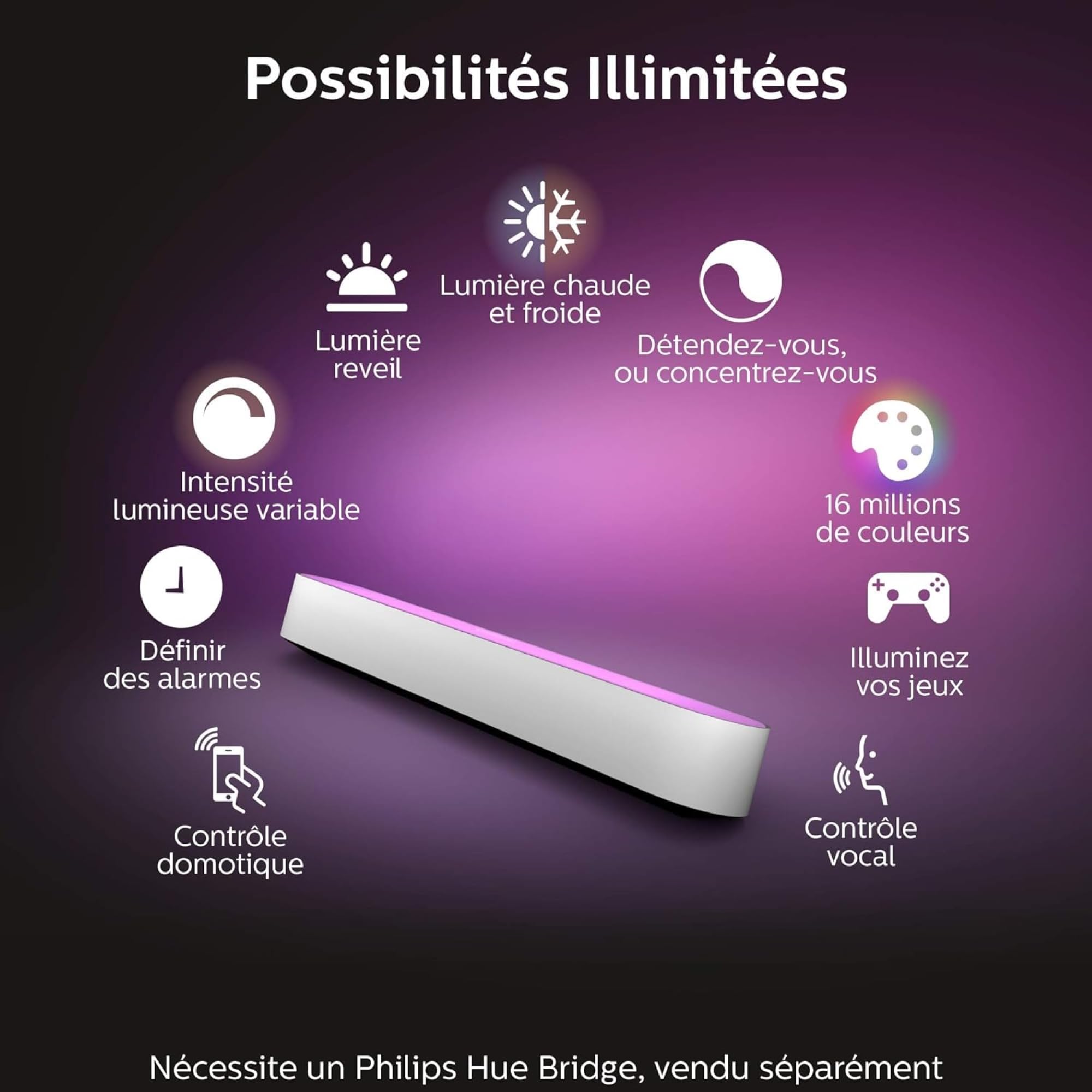 Philips Hue Play White and Color Ambiance Barre lumineuse connectée Pack de 2, unité de base, Éclairage d’ambiance pour TV et gaming (Compatible avec Alexa, Google Assistant et Apple HomeKit), Blanc