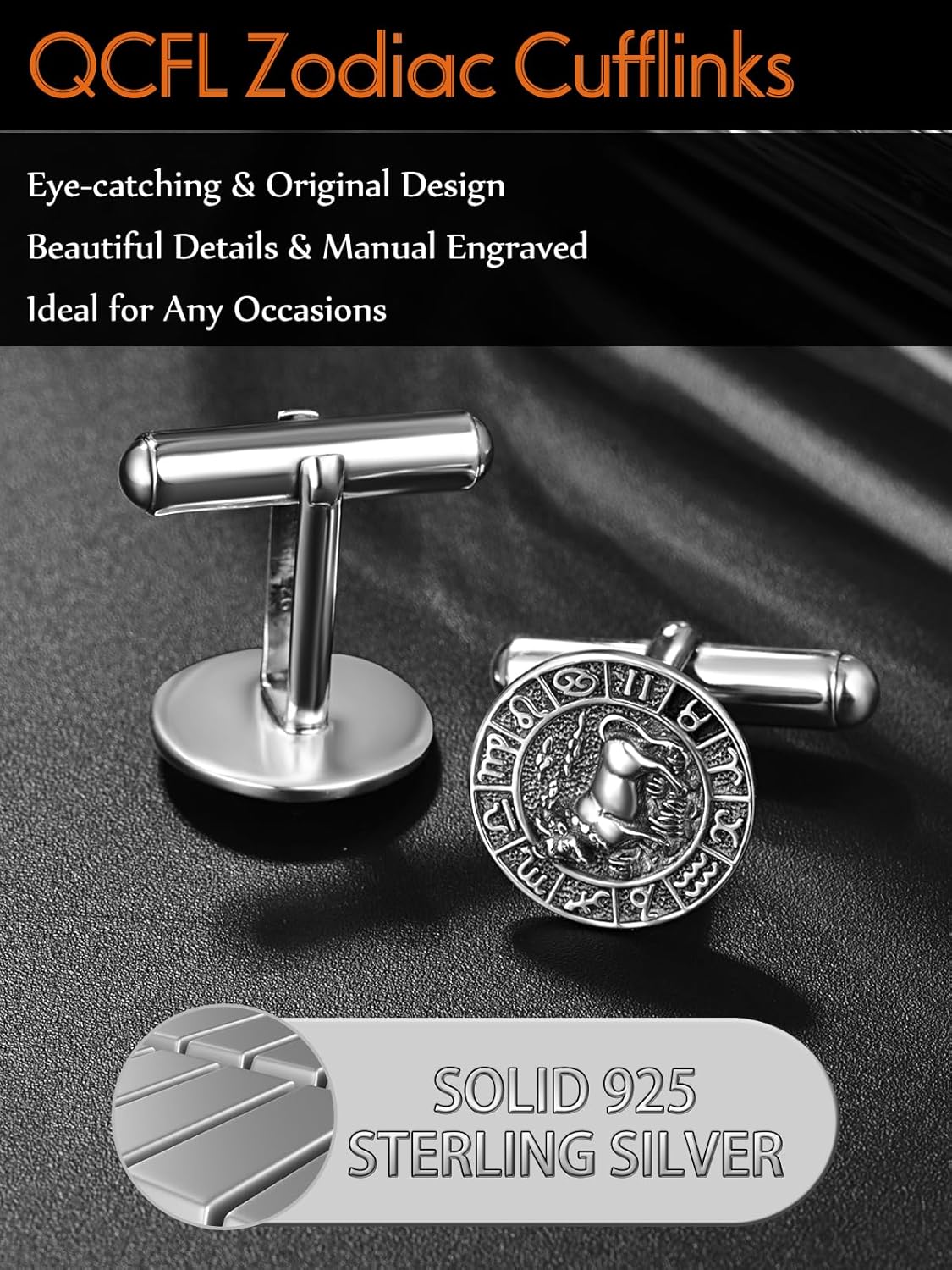 925 Sterling Silver Zodiac Cufflinks Constellation Cufflinks Protection Jewelry for Men Suitable for Various Occasions (1 Pair)