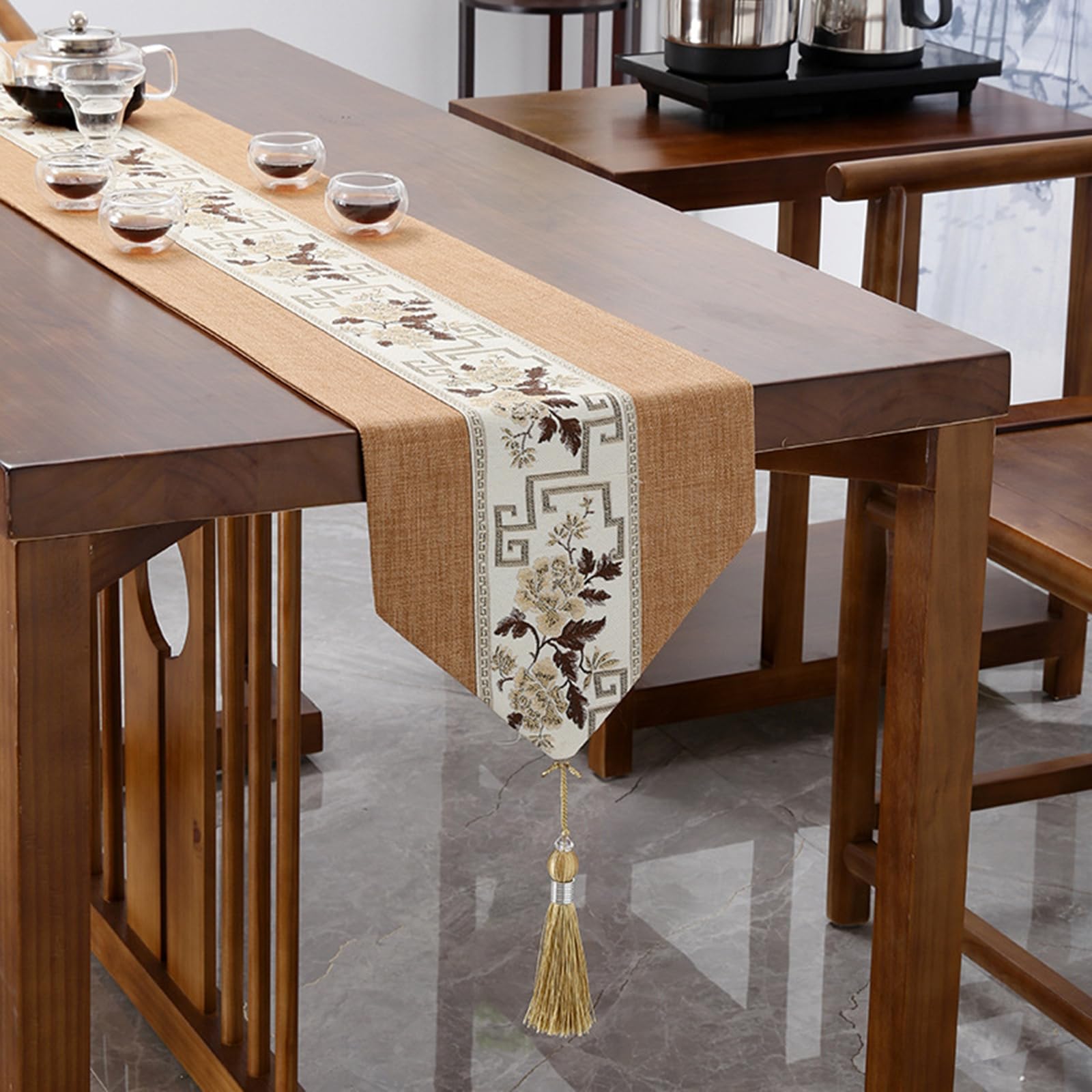 Tischläufer Polyester, Esstisch Tischläufer Abwaschbar Chinesischer Stil Mittlerer Gestreift Bestickt Blumen Muster mit Quasten Tischdecke für Küche Dekor, 33x240 cm, Beige Braun