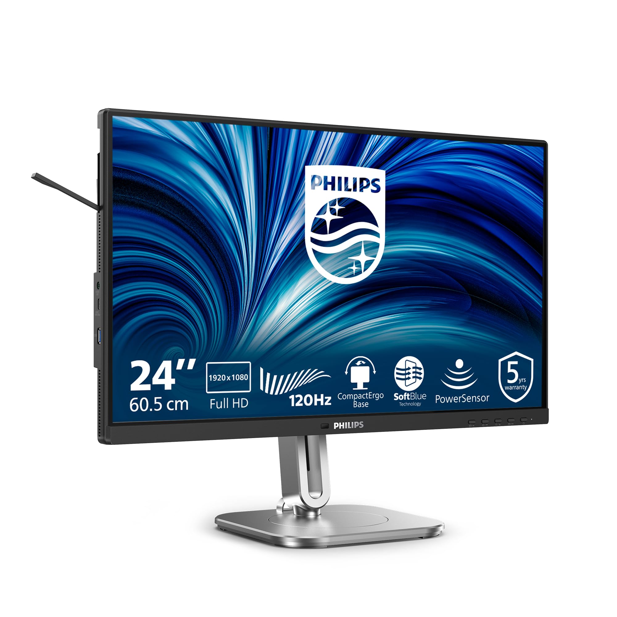 Philips 24B2N4200-24-inch FHD monitor, speakers, height-adjustable (1920x1080, 120 Hz, VGA, HDMI 1.4, DisplayPort 1.2, USB hub) black grey