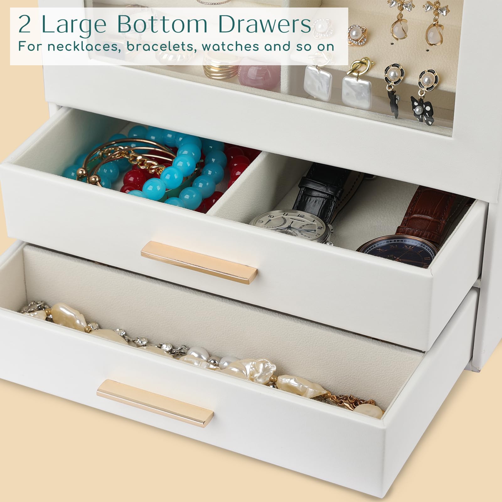 efubaby Jewelry Box for Women Girls, Jewelry Organizer Box with Large Mirror 6-Layer Jewelry Box Organizer Glass Window Storage Case with 3 Side Drawers Jewelry Holder Organizer White Jewelry Box
