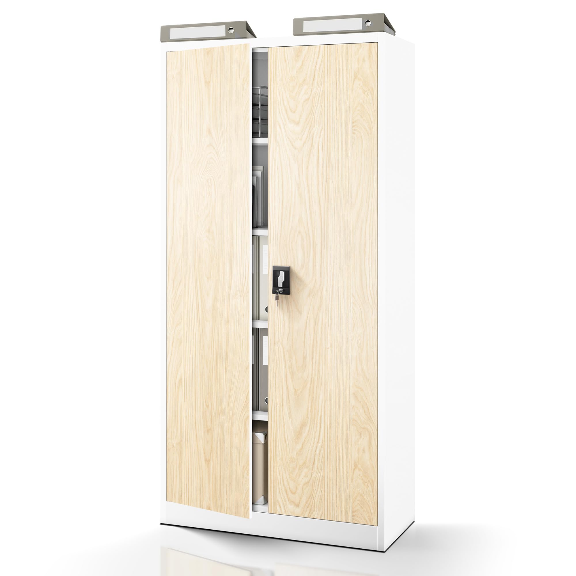 Jan Nowak Armoire de Bureau métallique 4 étagères tôle d'acier revêtement en Poudre 185 cm x 90 cm x 40 cm (Blanc/Imitation Bois)