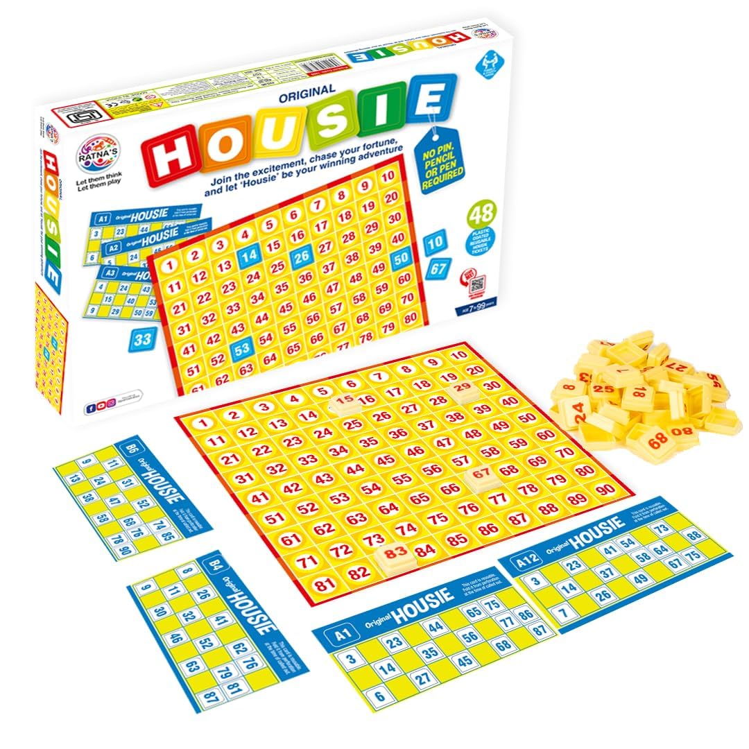 BKDT Marketing Housie Game Set with 48 Reusable Cards & 90 Number Tiles, Board Game for Kids (No Pin, Pencil or Pen Required) - Tambola Game Set Family Game, Birthday/Return Gift, Pack of 1