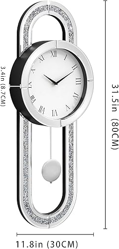 Miniatura 4 de SHYFOY Reloj de pared decorativo de 31.5 pulgadas, reloj de péndulo de cuarzo de calidad silenciosa, relojes de pared grandes con diamante triturado