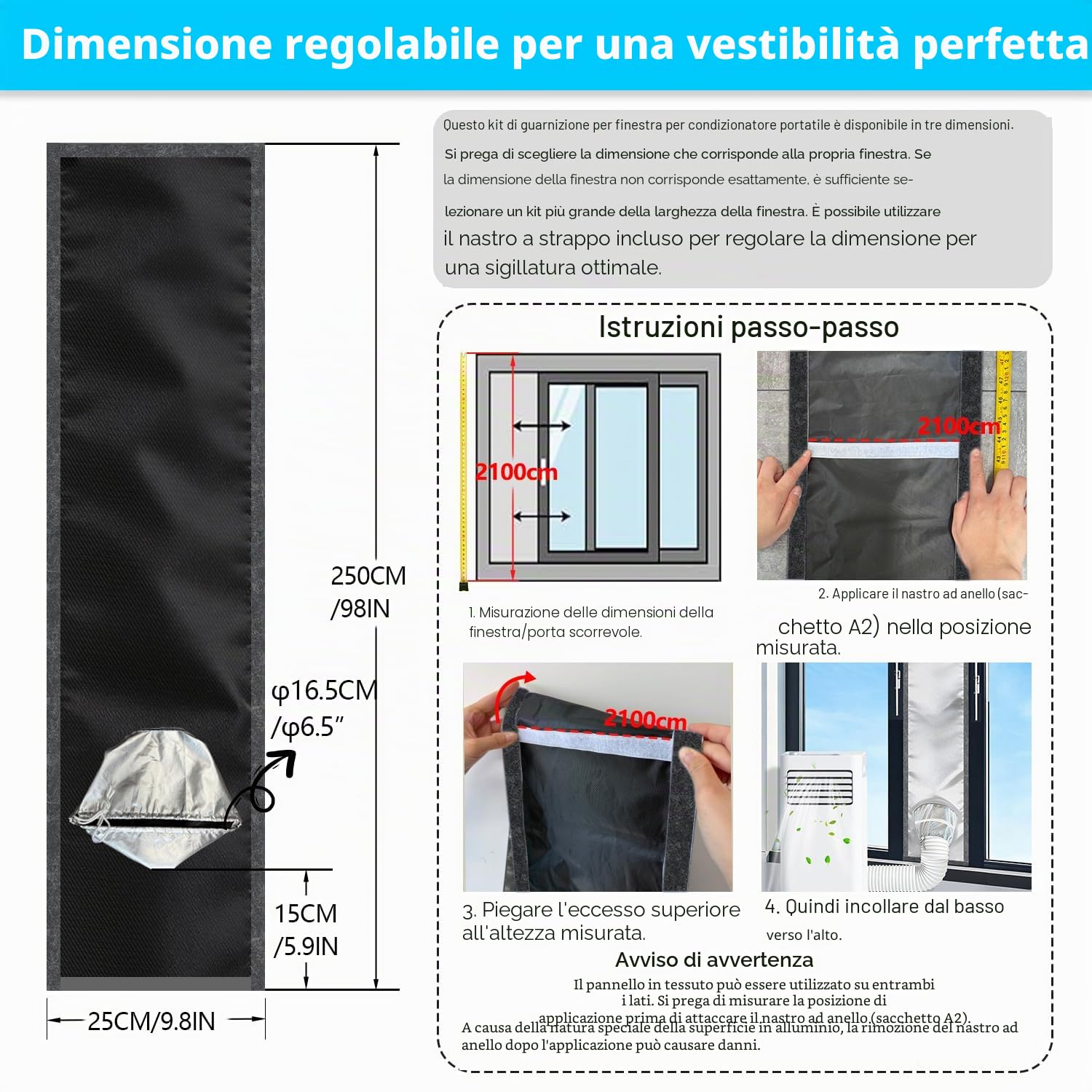 Guarnizione porta finestra 250 cm per condizionatore mobile in argento Oxford, 100% oscurante, protezione UV impermeabile per raffreddamento efficiente, dimensioni regolabili per porte e