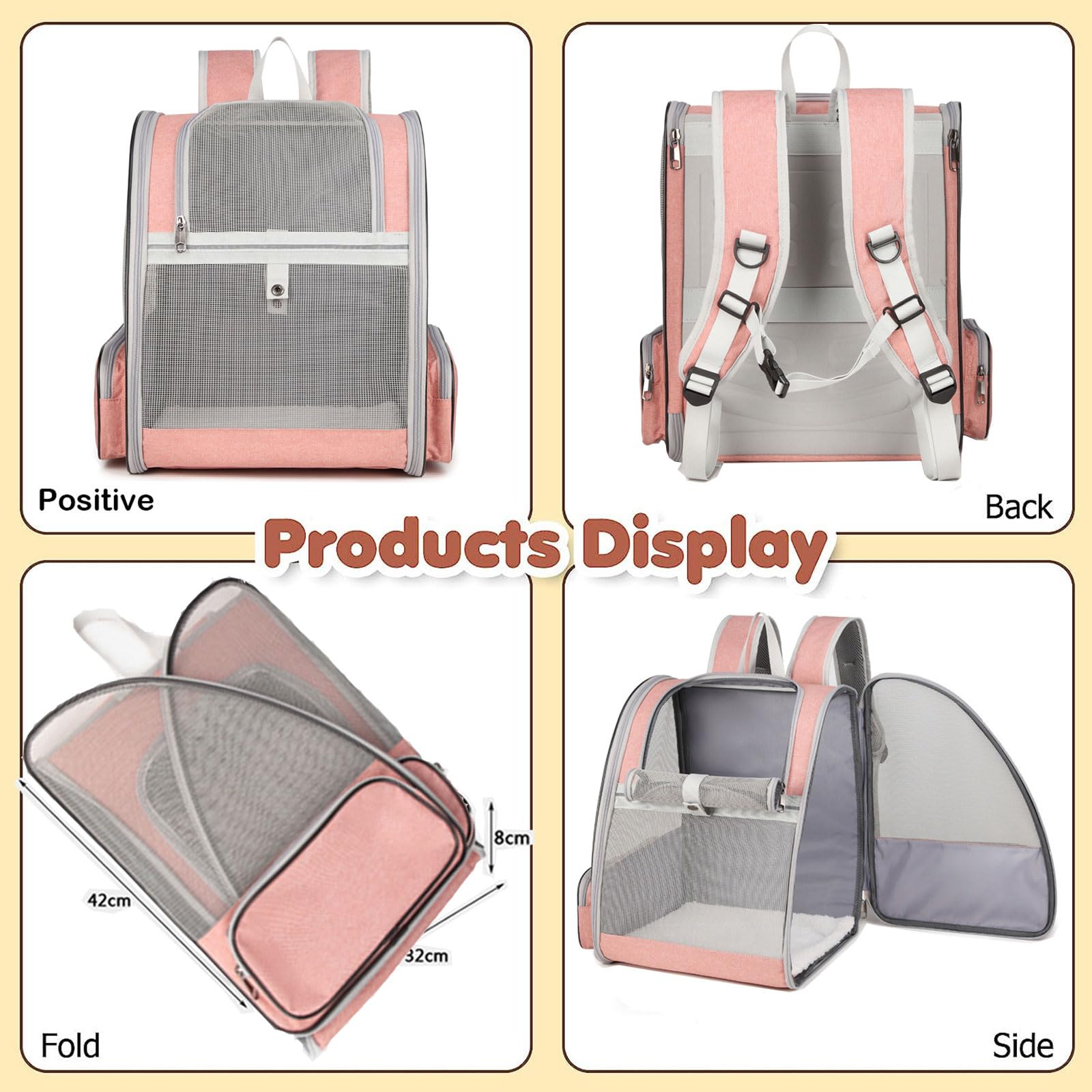 Hunderucksack Katzenrucksack, Haustier Rucksack für Kleine Hunde Welpen bis 6kg Katzenbis 8kg, Atmungsaktive und Faltbar Transportbox mit Fenster und Innerer Sicherheitsleine Wandern, Rosa
