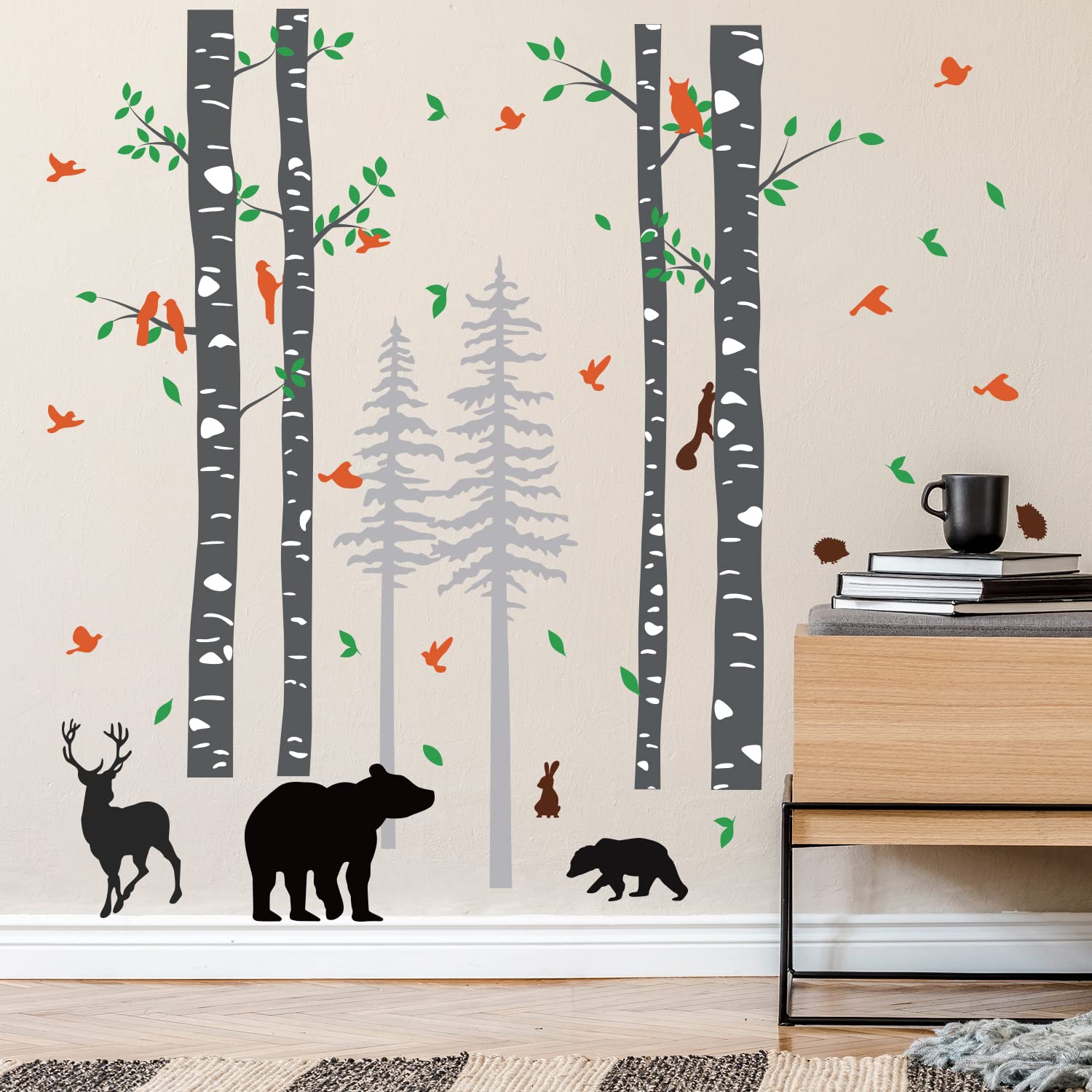 Tanlaby Large Pine and Birch Tree Wall Decals Forest Deers Beer Wall Stickers Flying Birds Wall Art Sticker for Boys Girls Kids Room Baby Nursery Bedroom Living Room Wall Decor