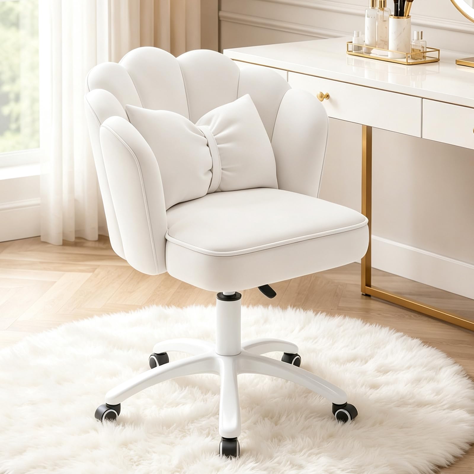 Silla Vanity Terciopelo Pétalo - Silla de Escritorio Acolchada Moderna con TapicerÃa Acanalada y Respaldo,Silla de Computadora Ajustable en Altura para Dormitorio y Sala de Estar(Blanco)