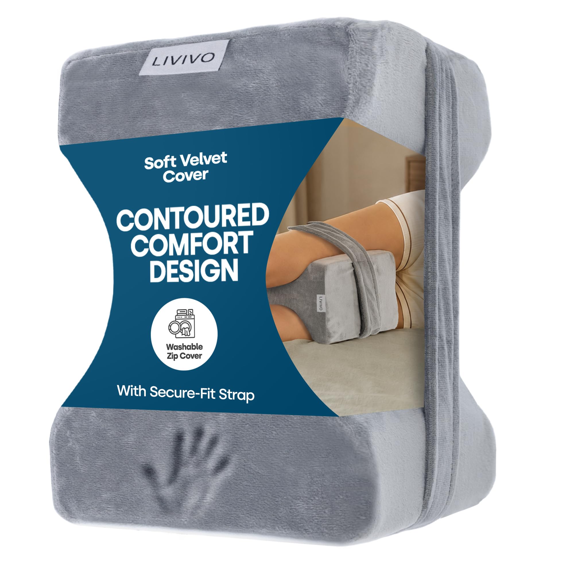 LIVIVO Knee Pillow for Side Sleepers, Knee Pillow for Sleeping on Side with Strap, Contoured Knee Cushion for Sleeping with Soft Velvel Cover, Leg Pillow Cushion for Bedtime and Resting (Grey)