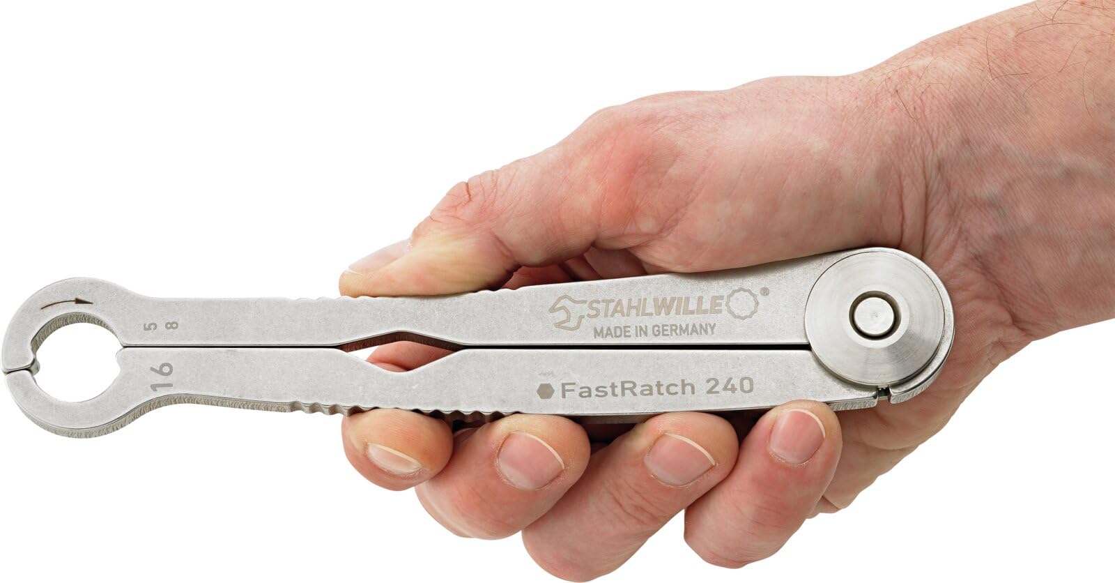STAHLWILLE 240 16 | FastRatch Ratschenschlüssel 16 mm - 5/8 " | offener Ringschlüssel mit Ratschenfunktion, Maulschlüssel | ideal für Bremsleitungen, Überwurfmuttern | Made in Germany