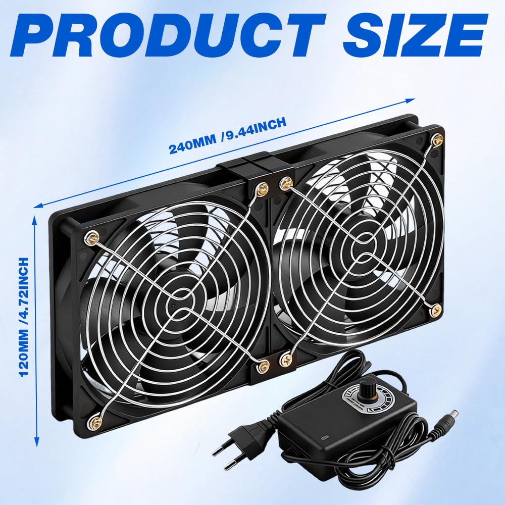 240mm PC Lüfter, 2x120mm Gehäuselüfter 12V PC-Lüfter mit Netzstecker & stufenlosem Drehzahlregler, 2700 RPM, Leiser Leistungsstarker PC Fans für Computer, Server, TV,Gaming-PC,AV Kabine,Router - 2