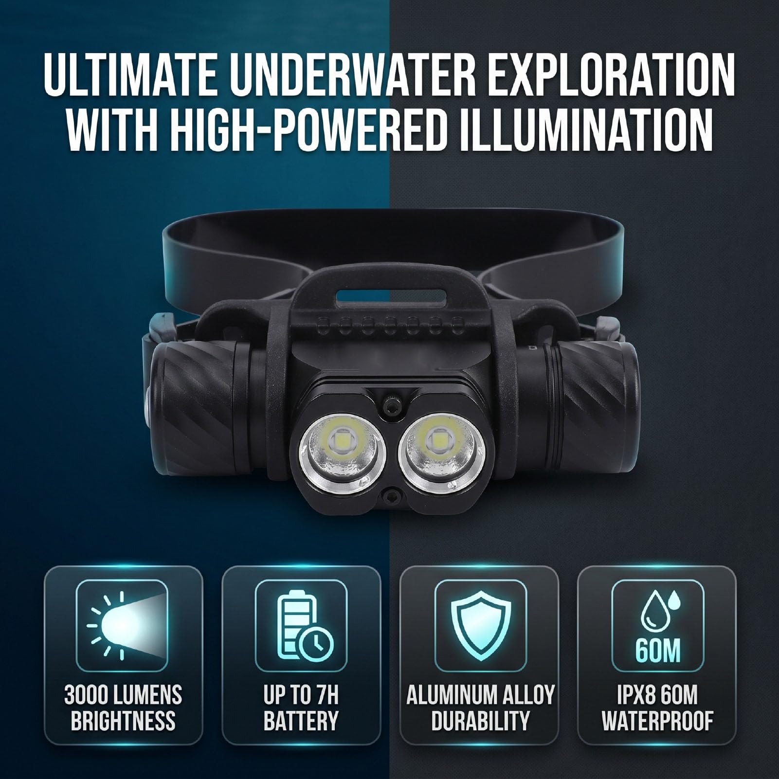 Alomejor Tauchscheinwerfer 3000 Lumen, Wasserdichte LED mit Wiederaufladbarem Akku, IPX8-zertifiziert für 60 M Tiefe, Mehrere Modi für Tauchabenteuer