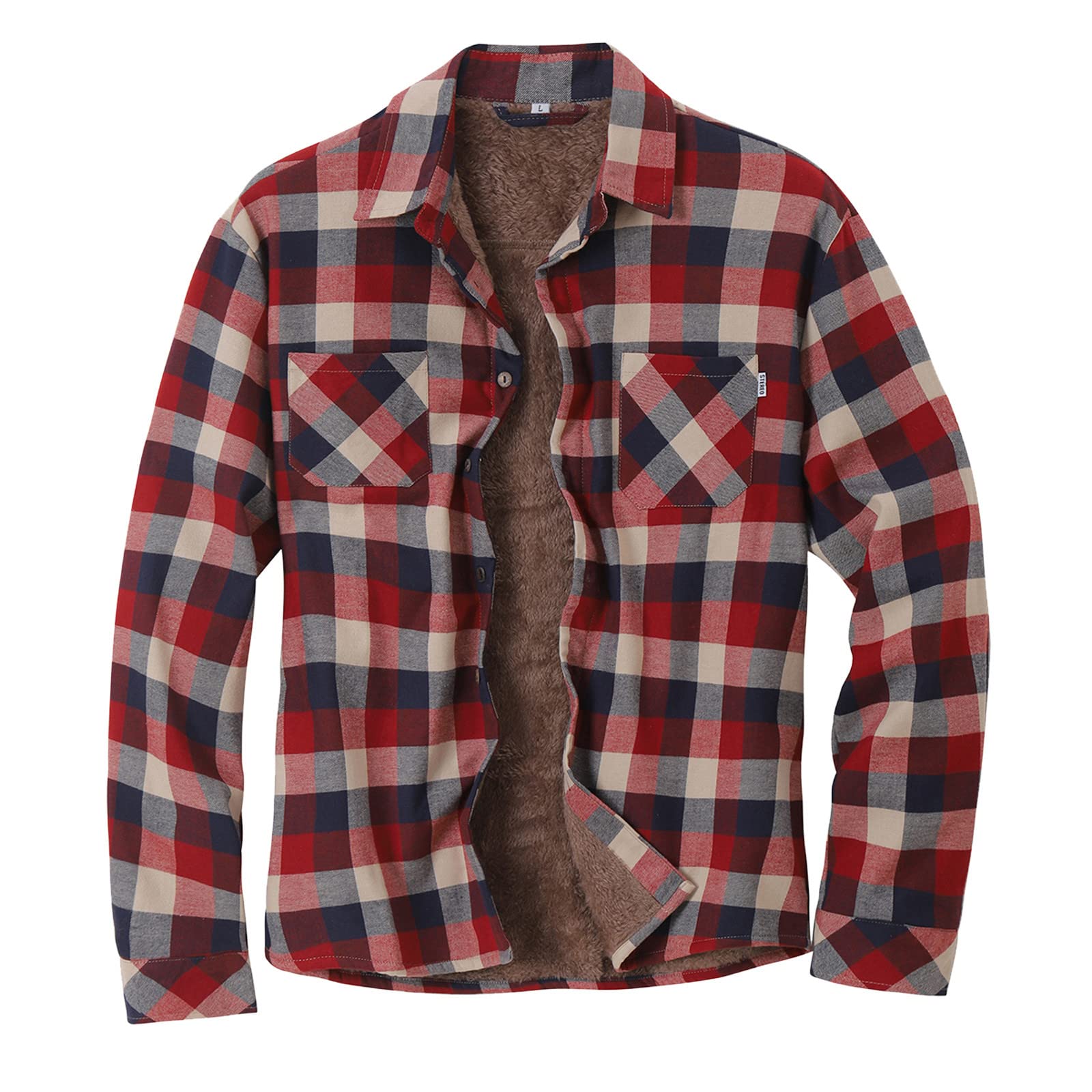 Hulkay Men's Red Long Sleeve Sherpa Fleece Flannel Shirts Button Down Berber Lined Shackets Warm Camp Shirts Plaid Jackets(,L)