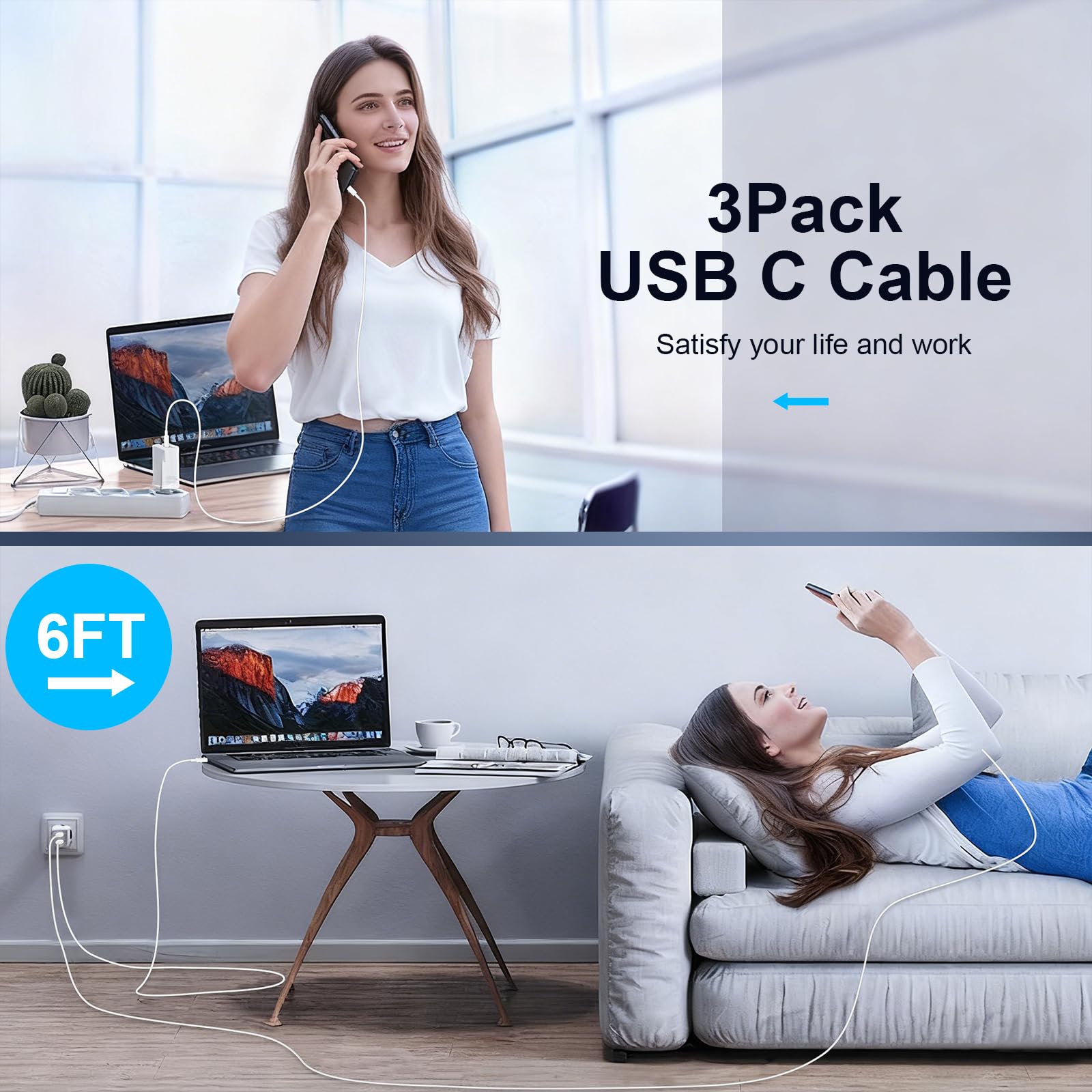 Cable USB C a USB C de 6 pies, paquete de 3