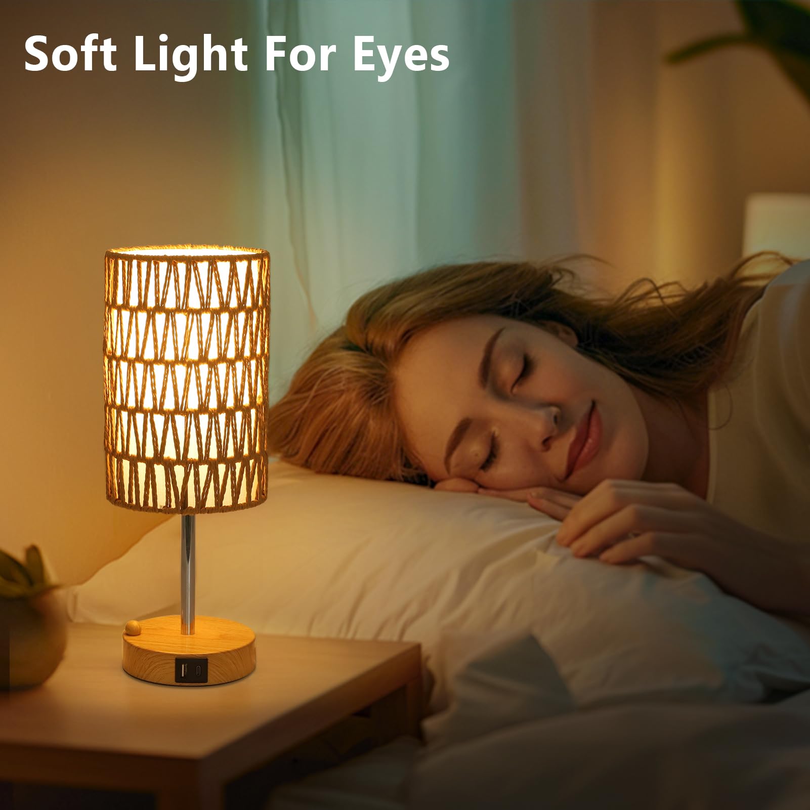 Rayofly Nachttischlampe 2er Set, Touch Dimmbar Nachttischlampe mit Ladefunktion USB A+C-Anschlüssen, Vintage Tischlampe mit Rattan Schirm & LED Glühbirne, Boho Touch Lamp für Schlafzimmer, Wohnzimmer