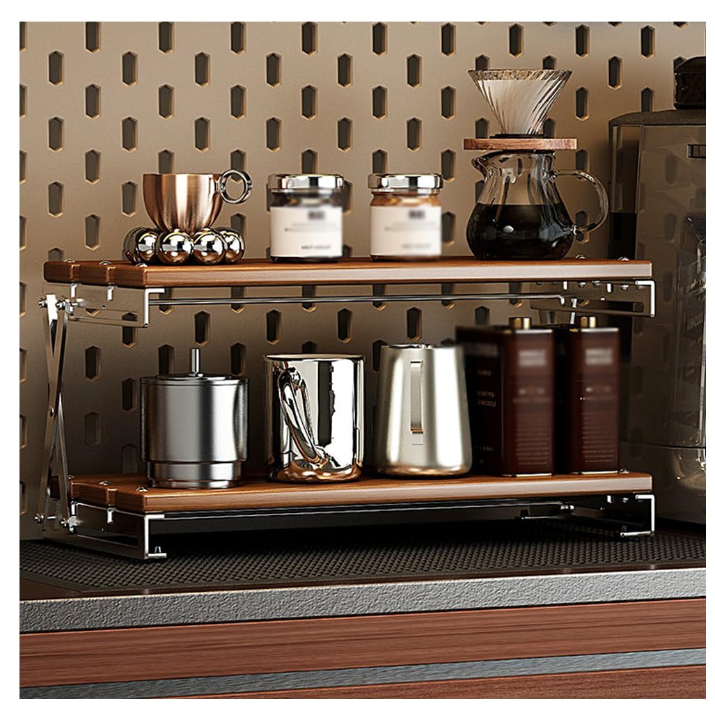 QDZC Wood Fold Coffee Mug Display Rack Compartment Countertop Spice Jar Organizer Small Cup Holder Kitchen Storage Shelf for Home Office Home Furnishing 40cm