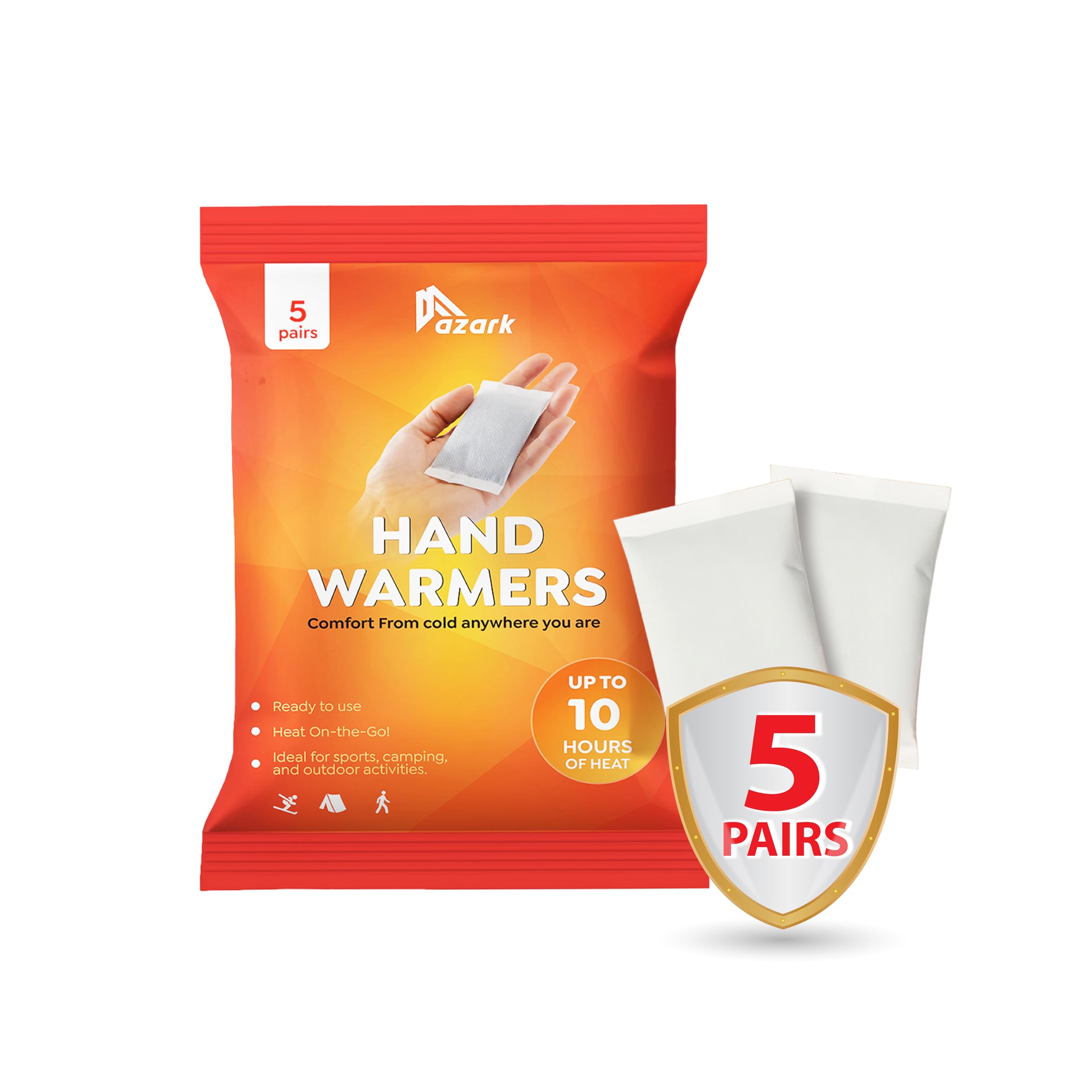 azark Unisex Disposable Hand Warmers 5 Pack, Up to 10 Hours Heat Instant Fast Heating Packs for Men & Women Portable Pocket Size, Ideal for Sports, Camping, Hiking, Travel, Skiing, Cold Weather