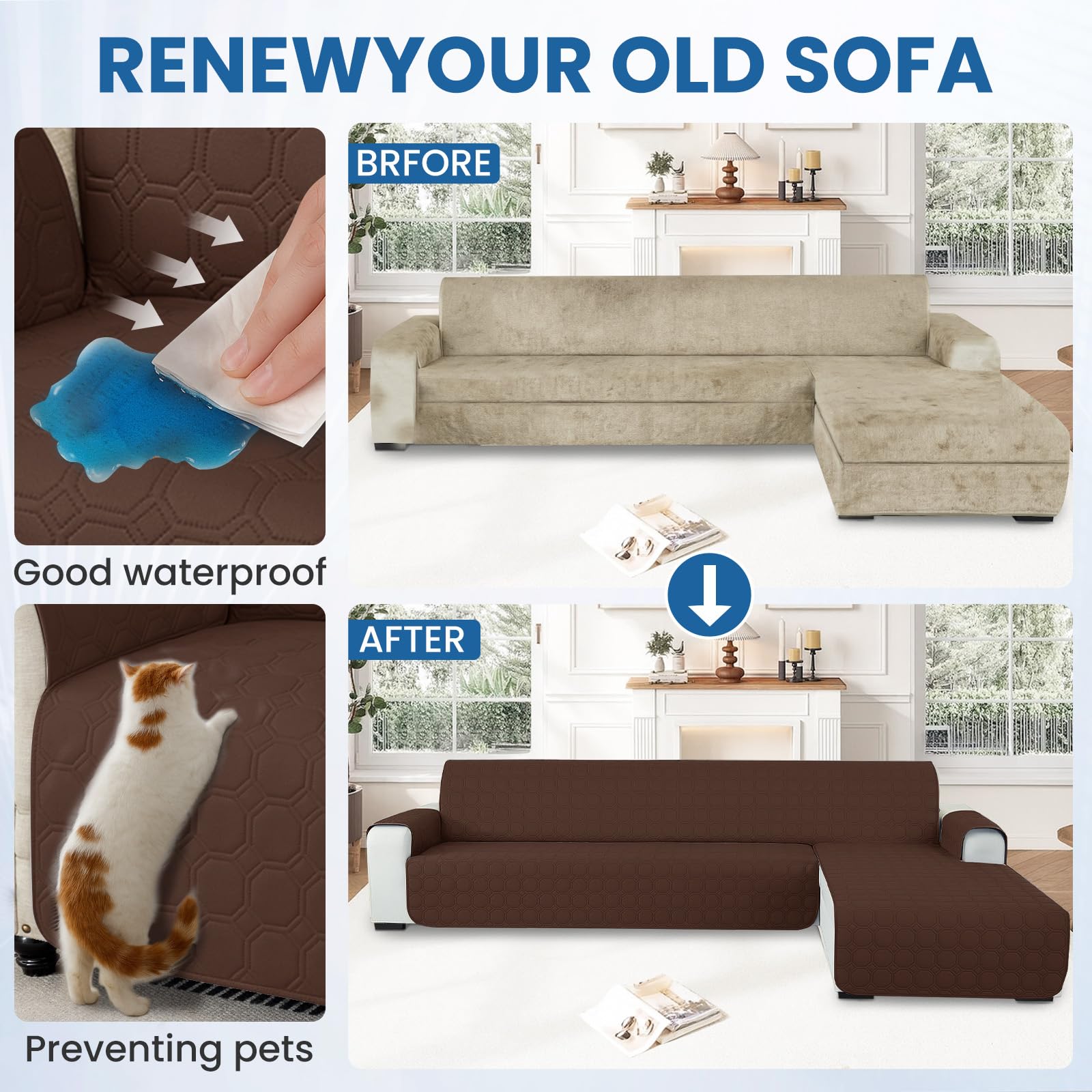 Ystyle Copridivano Impermeabile con Penisola 3 Posti (L 255 CM), Copridivano Angolare Destra/Sinistra Universale Reversibile, Copridivano Chaise longue Antigraffio Antimacchia, Caffè