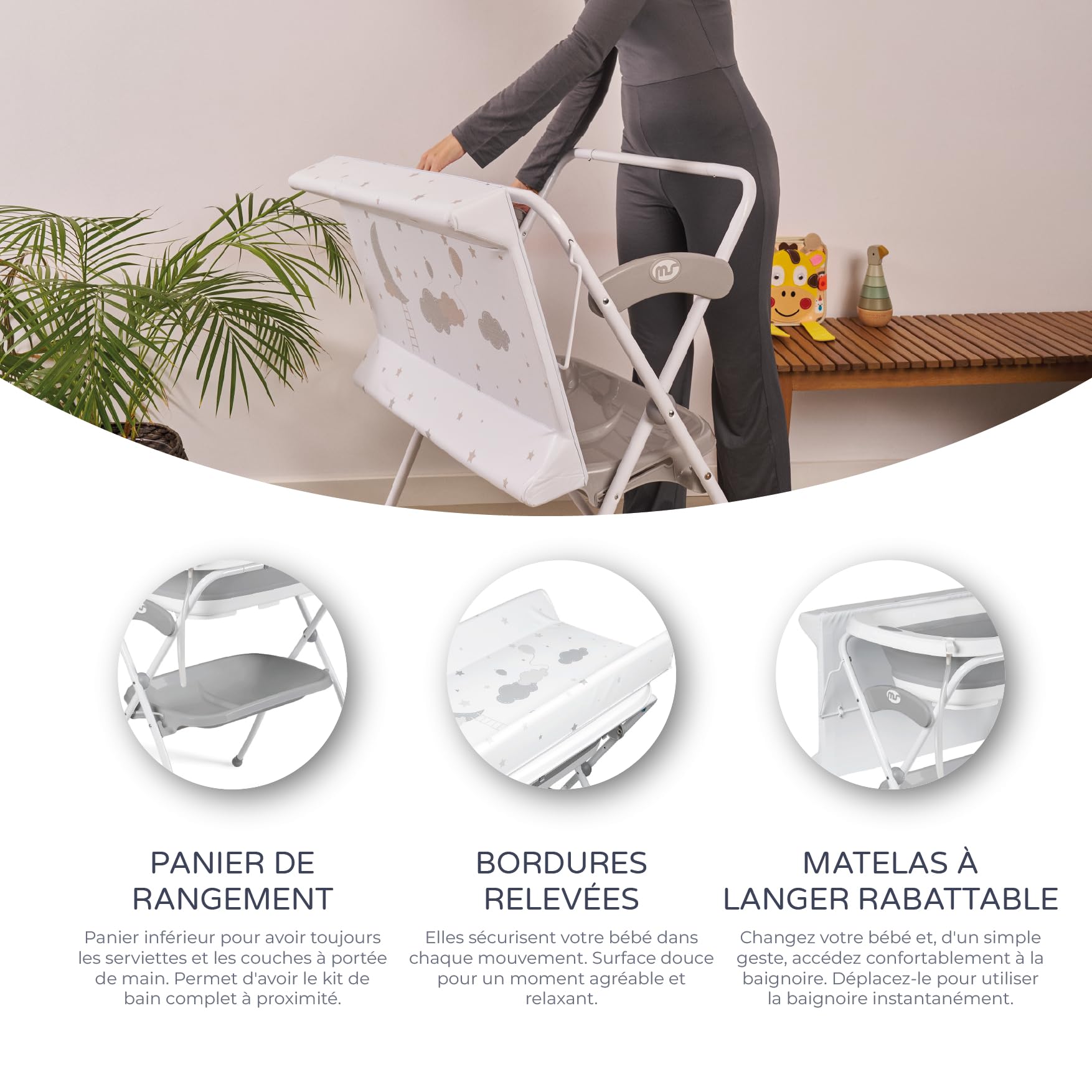 MS BabyWorld - Baignoire haute ZOE + Réducteur | Matelas à langer, coussin réducteur et panier | Confortable et facile à ranger | Avec bouchon et tuyau de vidange, pieds antidérapants, Pliable