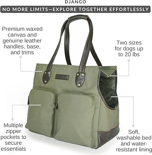 Vista 8 de DJANGO Bolsa de lona encerada y cuero para perros, bolsa de viaje para perros de alta calidad con correa de seguridad, forro WR, bolsillos