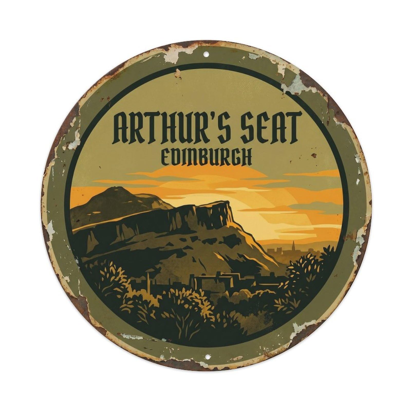 Cmhok Vintage Style-14 Vintage Travel Arthur Seat Edinburgh Artwork Metal Tin Sign Plaque Wall Decor For Cafe, Club, Garden Round Metal Poster 8X8inch