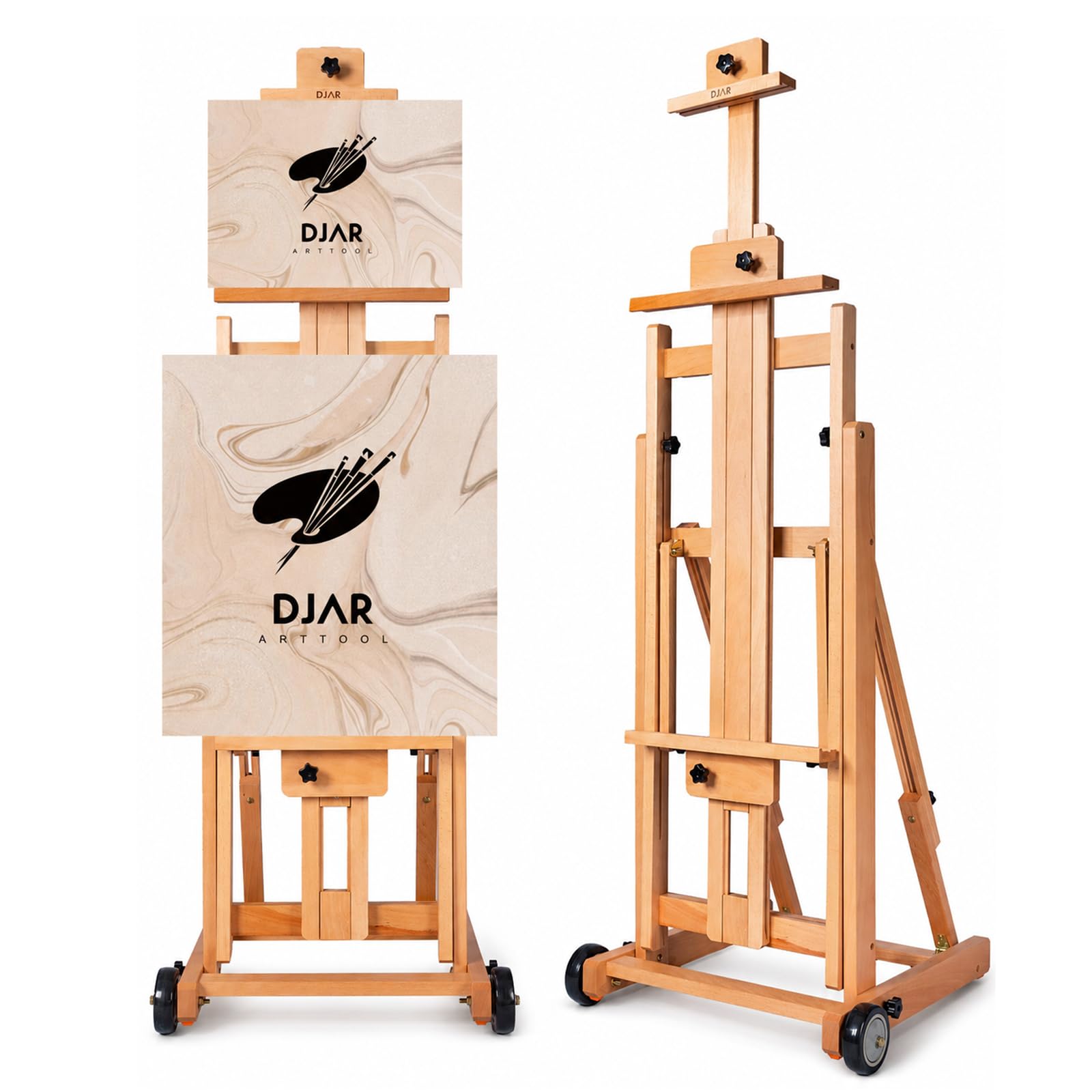 DJAR Large H-Frame Easel, Versatile Adjustable Solid Beech Wood Studio Stand for Painting, Tilting Flat Heavy-Duty Floor Easel, Holds 1 or 2 Canvases up to 198 cm