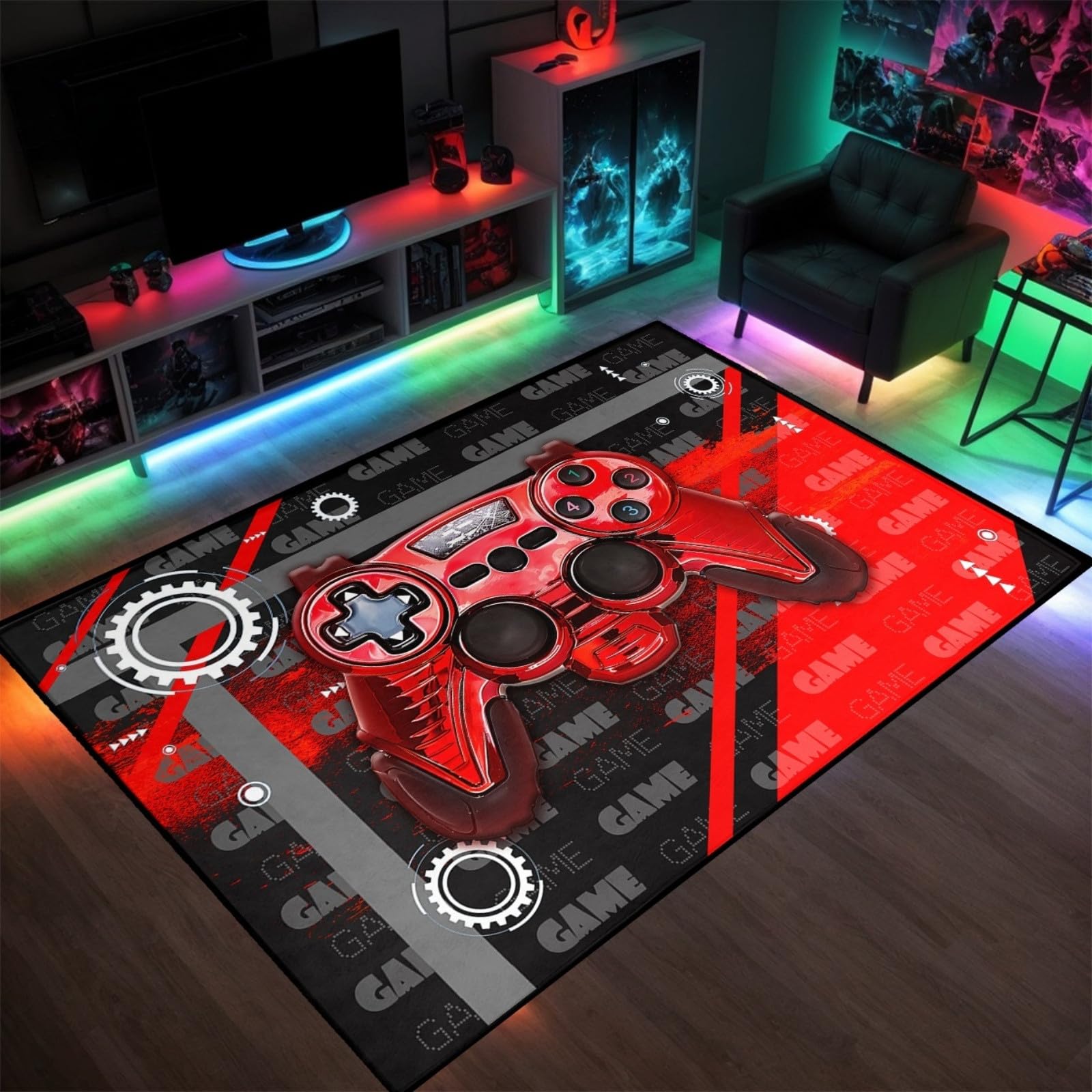 Gamer Rugs for Bedroom Boys Teens 3D Printed Red Game Gamepad Carpets Living Room Large Mat Home Decor Gaming Controller Black Crystal Floor Polyester