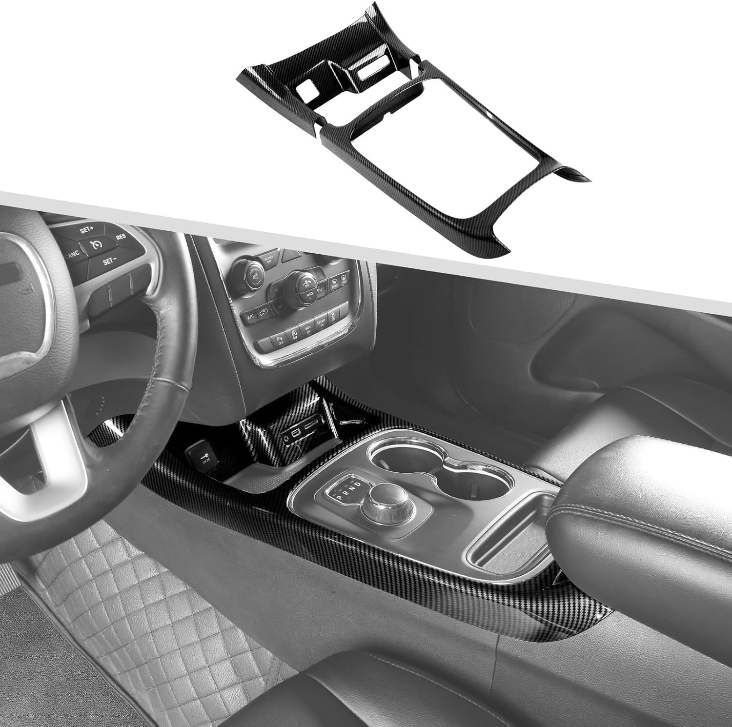 Jimen Compatible with Dodge Durango 2014-2020, 2PCS Gear Shift Panel Cover Trim Interior Overlay (Carbon Fiber)