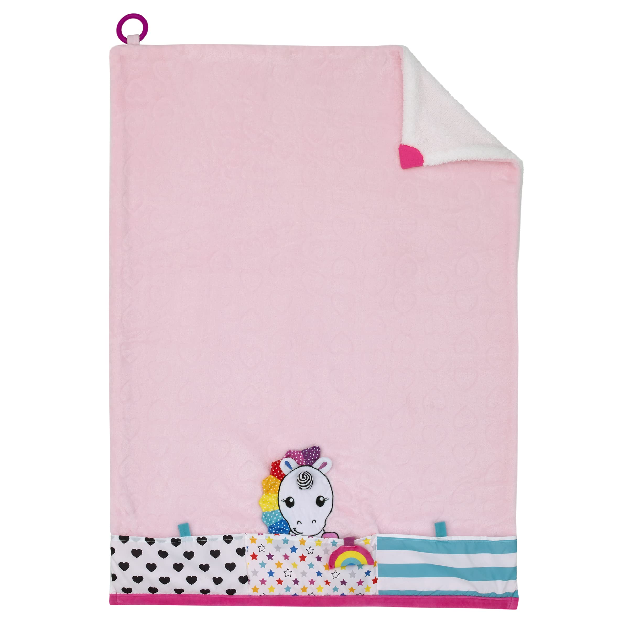 NoJo Sassy Baby Ulbright Unicorn Pink, Multi-Colored Super Soft Sherpa Baby Blanket with Teether Corners