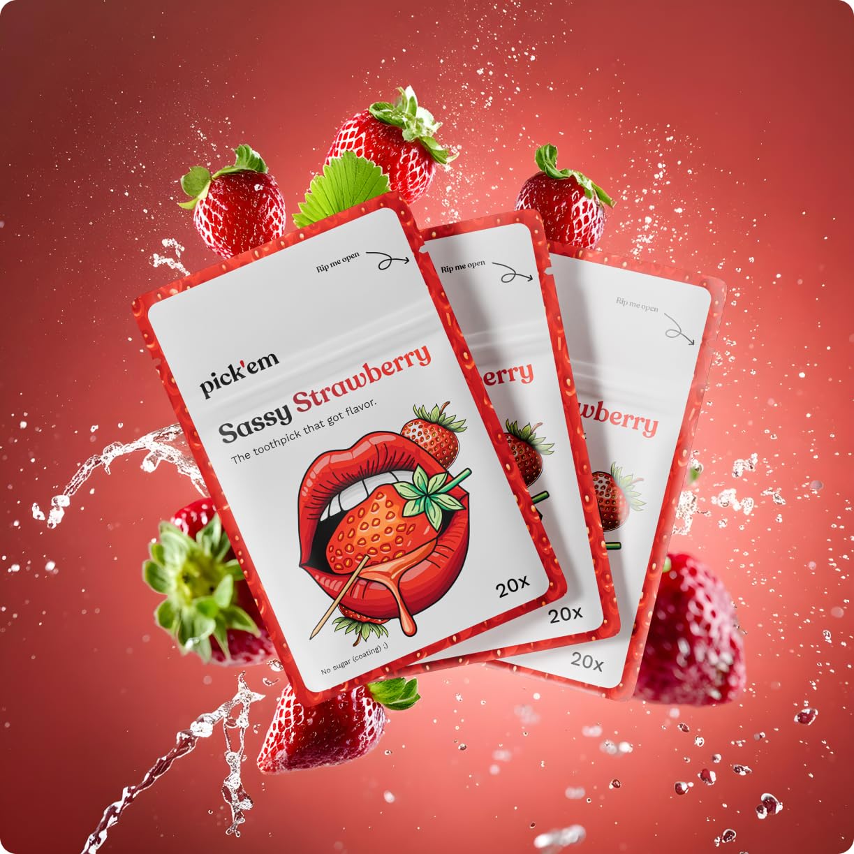 pick'emflavoured toothpicks Sassy Strawberry [TRIPLE PACK] - 60x flavoured toothpicks - the lifestyle alternative to chewing gum (juicy exotic flavour) - toothpicks with flavour - toothpicks wooden