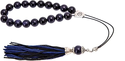 Crisolita azul - Piedra preciosa dorada, cuentas griegas hechas a mano o komboloi, piezas de metal de alpaca en un cordón de seda pura y borla