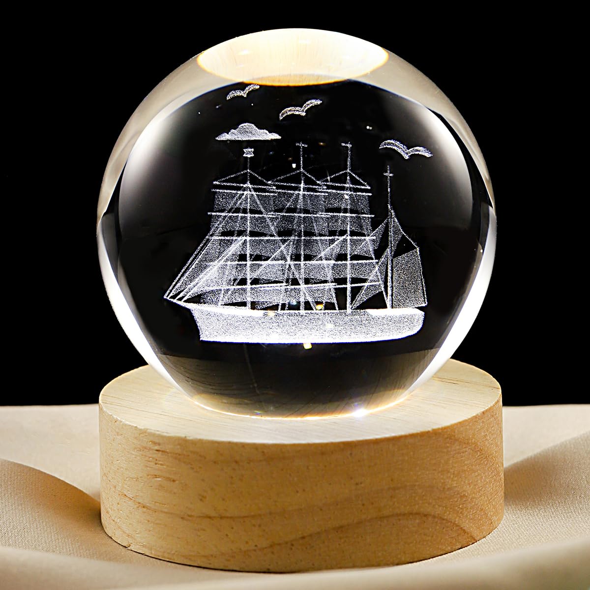 3D ​Sailboat Crystal Ball Lamp with Dimmable LED and Wooden Base, Night Light for Kids Teens Adults, Home Desk Office Bedroom Decor, Birthday Gift (2.4”/ 6cm)