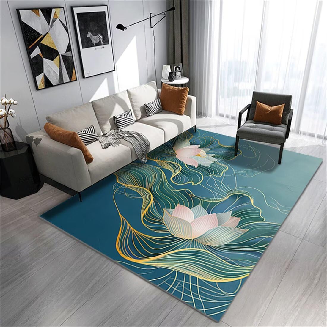 Tapis bleu décoration motif lotus rose 90X200CM pour sol de chambre ado fille et entrée